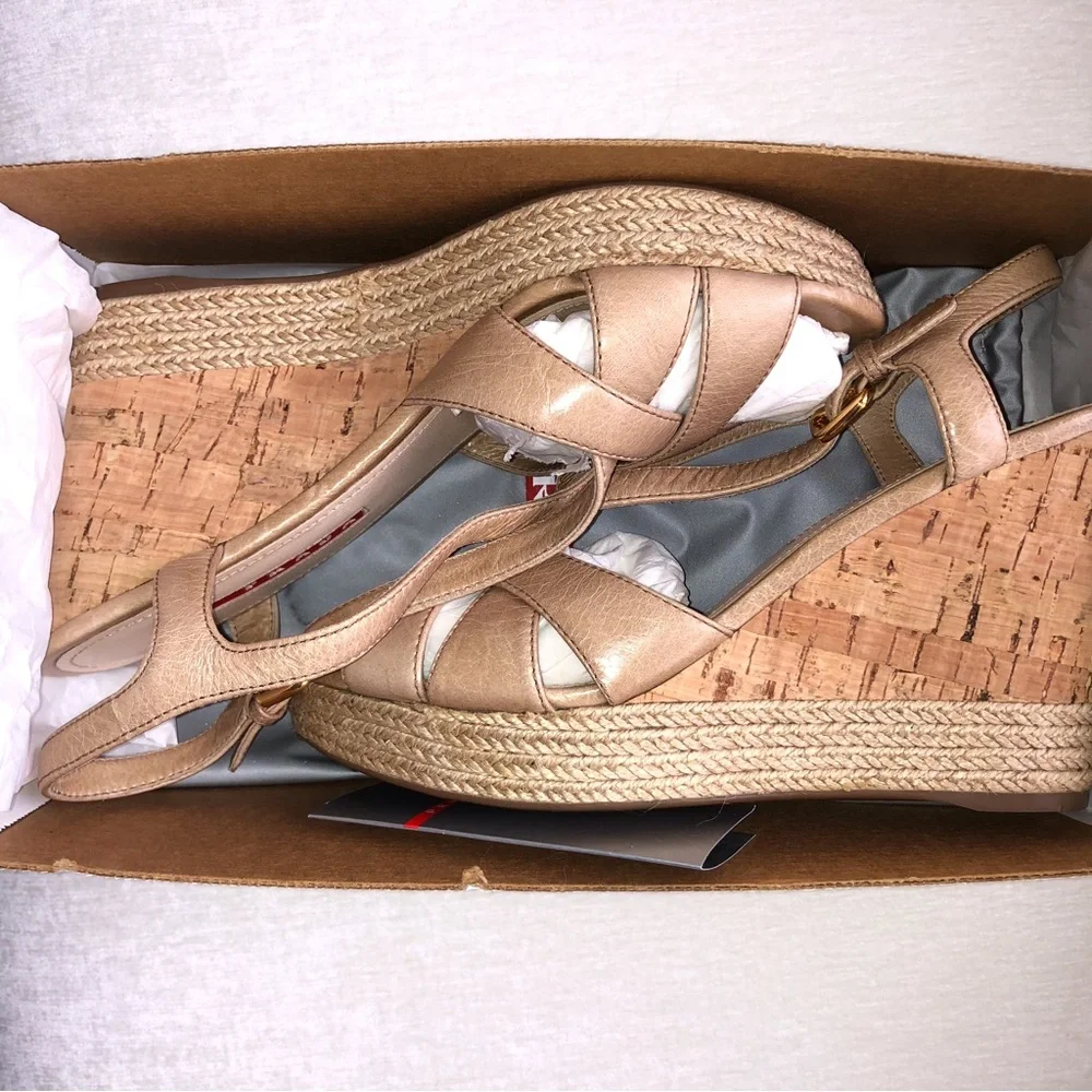 NWT Prada Tan Platform Cork Wedge Sandals New Size 38